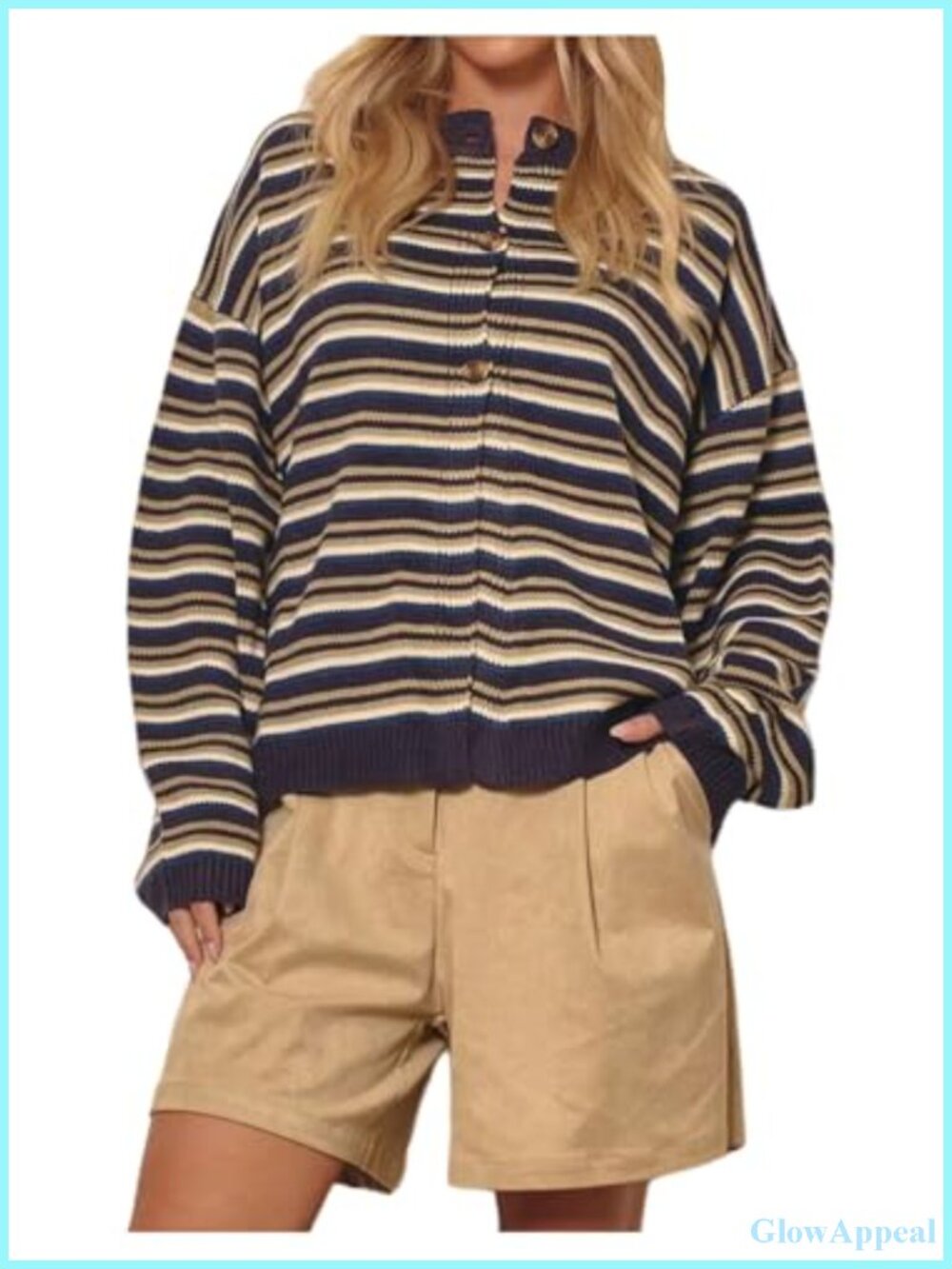 Striped Oversized Long Sleeve Cardigan Sweater Button Front Preppy Knit